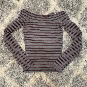 off the shoulder, gray and red long sleeve